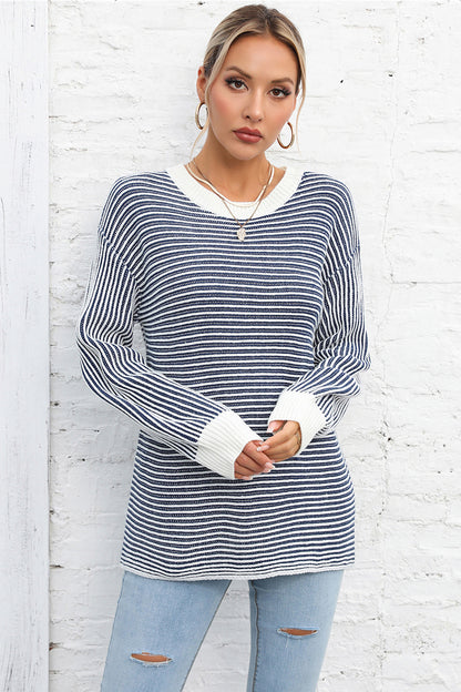 Angel Wings Striped Round Neck Long Sleeve Knit Top-Angel Casuals