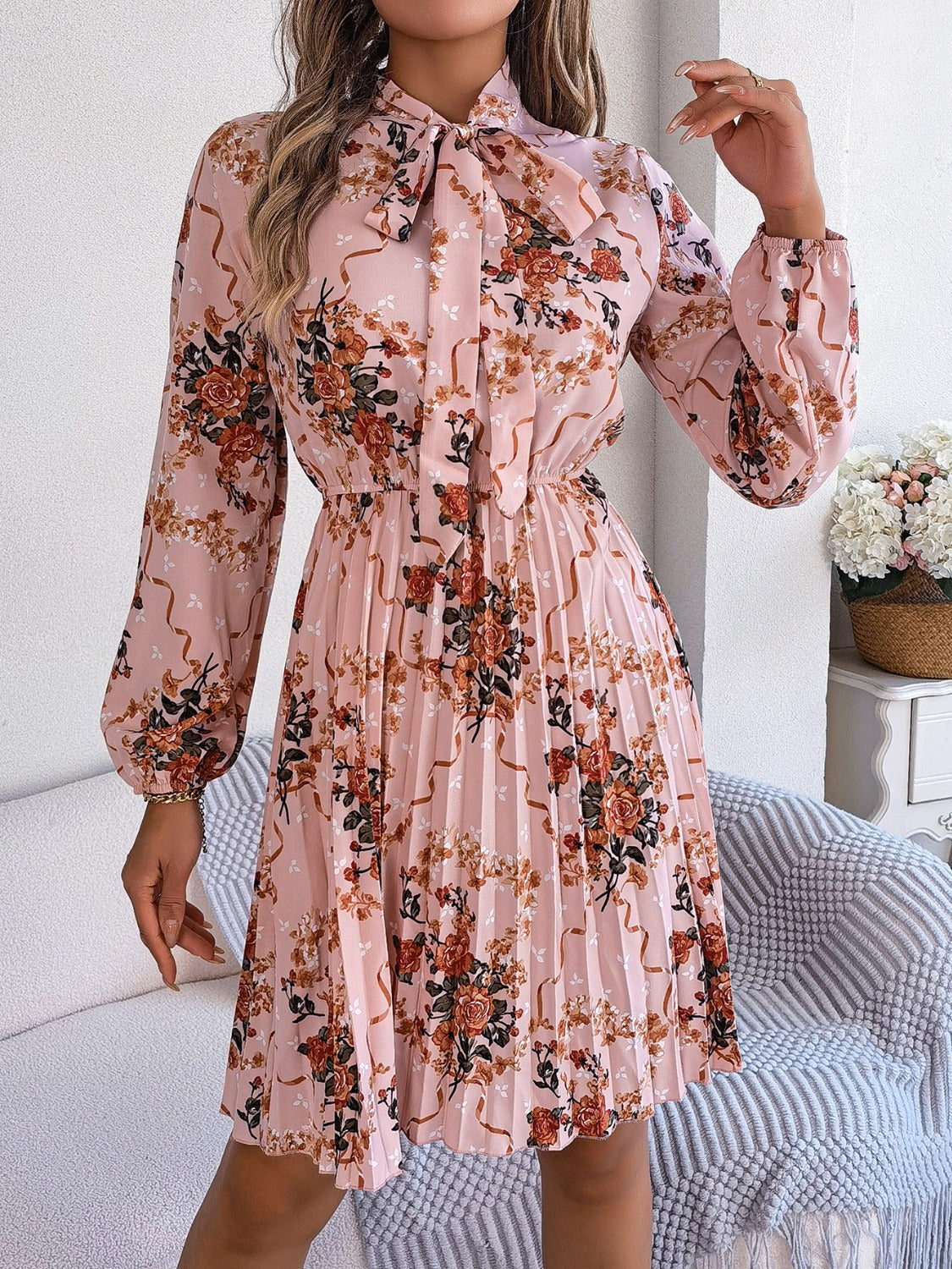 Pleated Printed Tie Neck Long Sleeve Dress-Angel Casuals