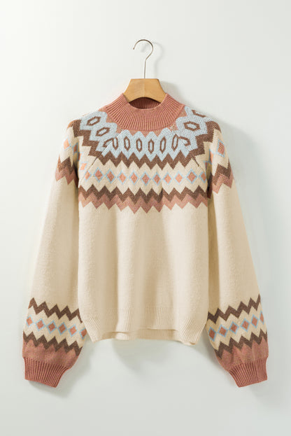 Geometric Mock Neck Long Sleeve Sweater-Angel Casuals