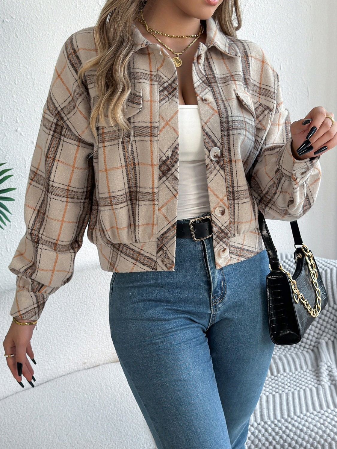 Plaid Button Up Long Sleeve Jacket-Angel Casuals
