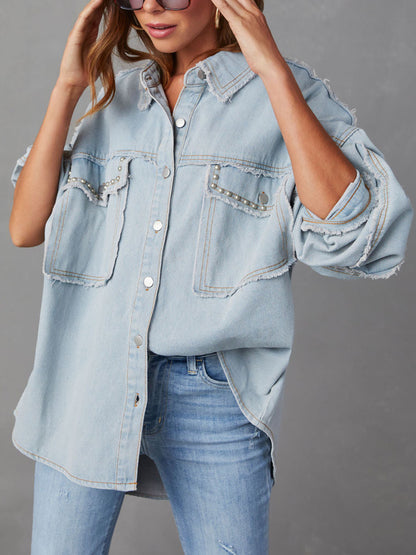 Button Down Raw Hem Denim Jacket-Angel Casuals