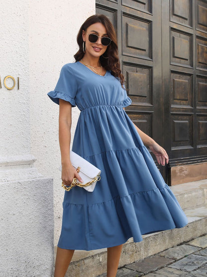 V-Neck Short Sleeve Midi Dress-Angel Casuals