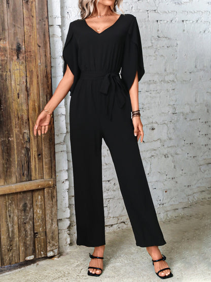 Tied V-Neck Half Sleeve Wide Leg Jumpsuit-Angel Casuals