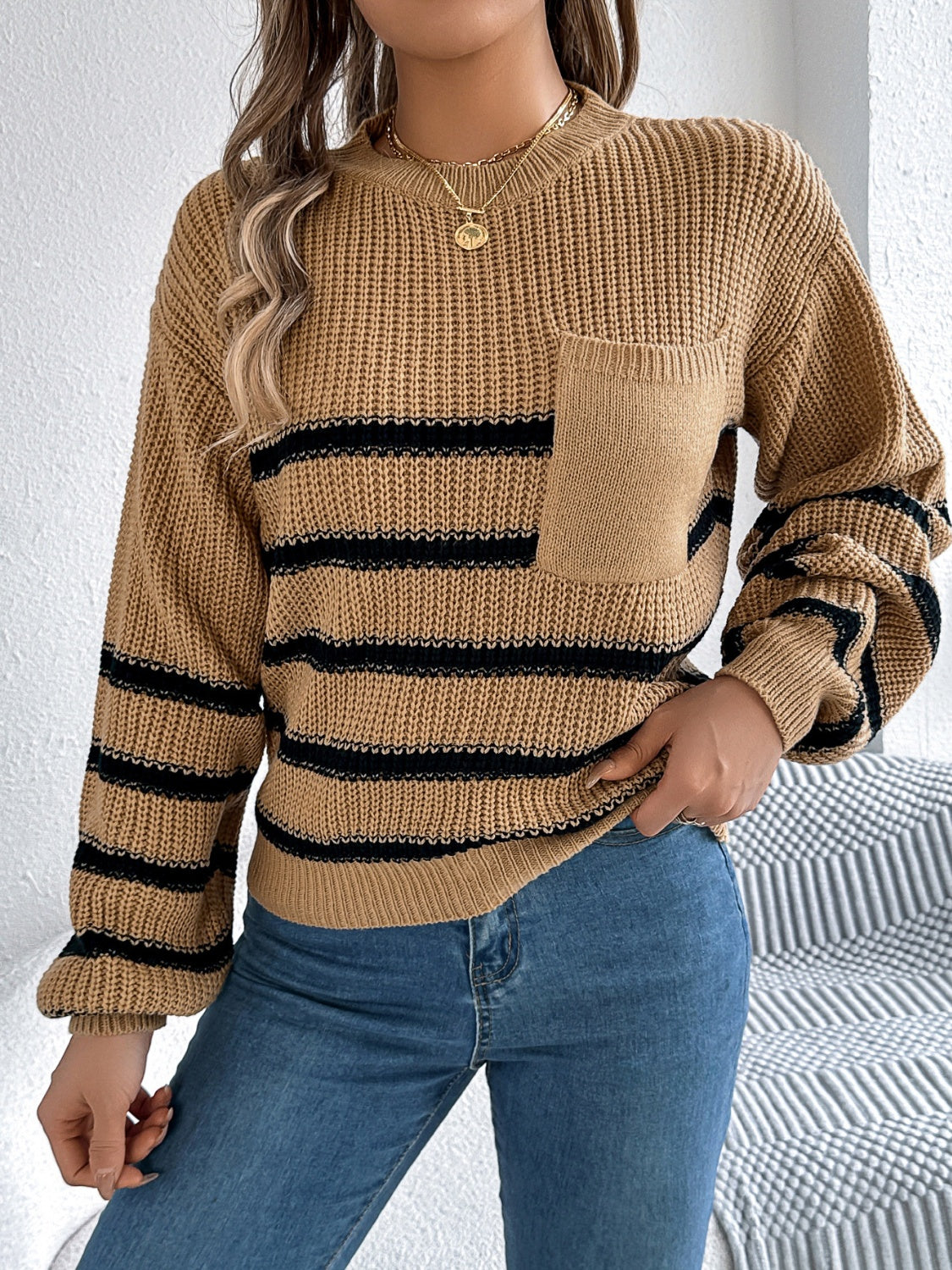 Striped Round Neck Long Sleeve Sweater-Angel Casuals