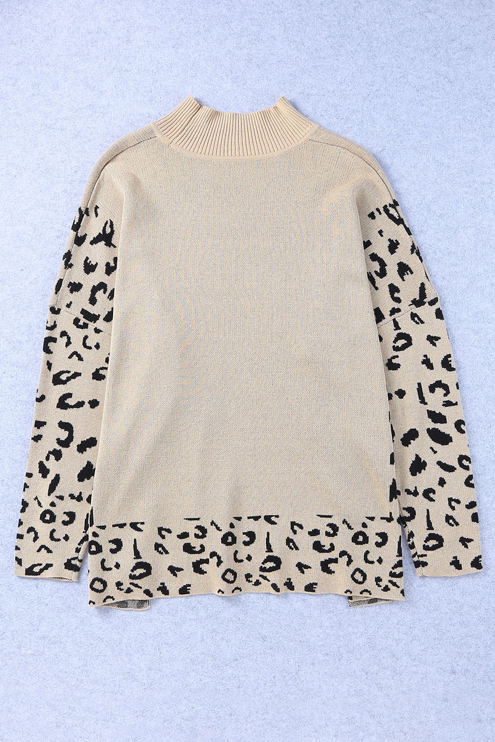 Slit Leopard Mock Neck Dropped Shoulder Sweater-Angel Casuals