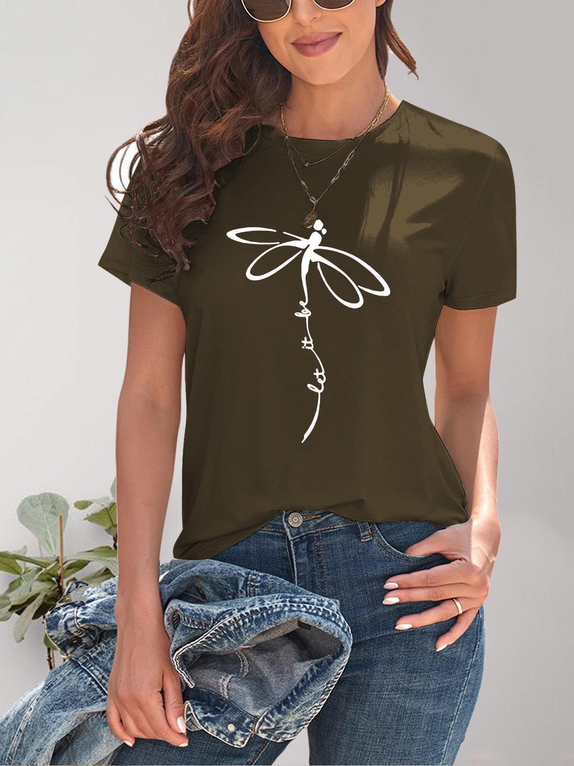 Dragonfly Graphic Round Neck Short Sleeve T-Shirt-Angel Casuals