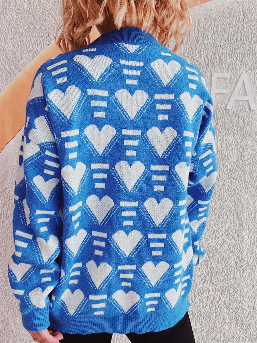 Heart Contrast Long Sleeve Dropped Shoulder Sweater-Angel Casuals