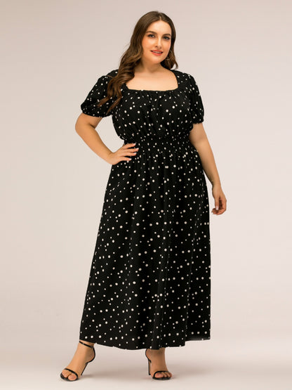 Plus Size Polka Dot Square Neck Dress-Angel Casuals