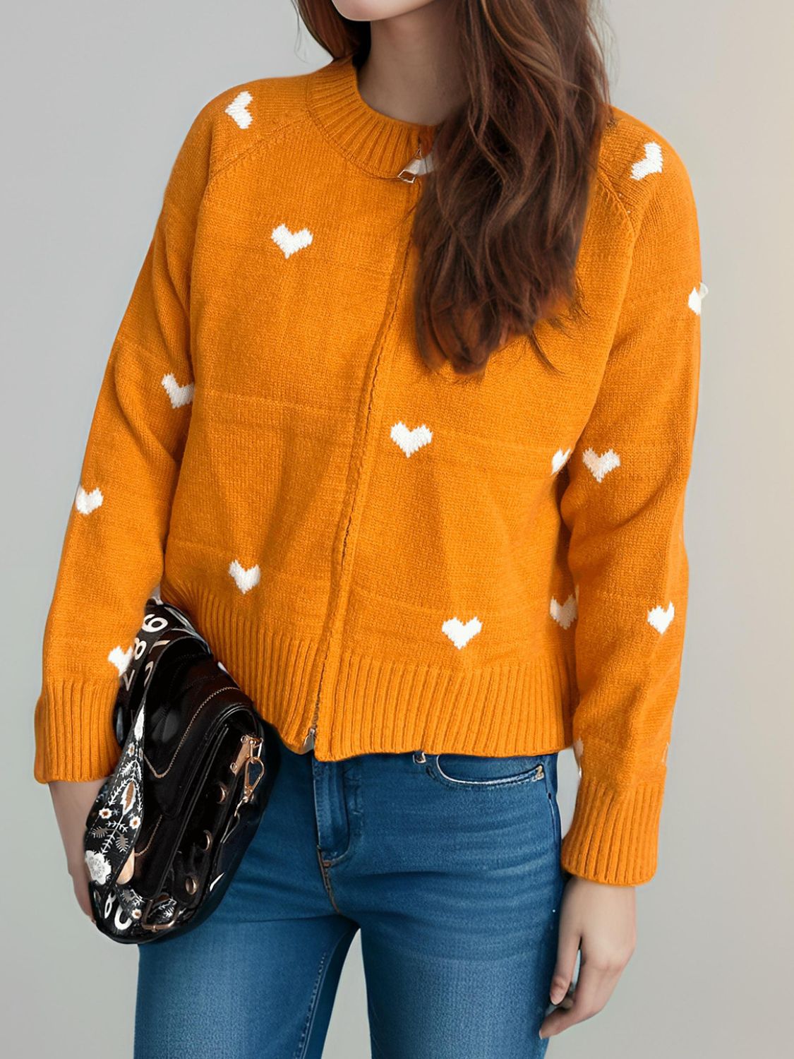 Heart Round Neck Zip Up Cardigan-Angel Casuals