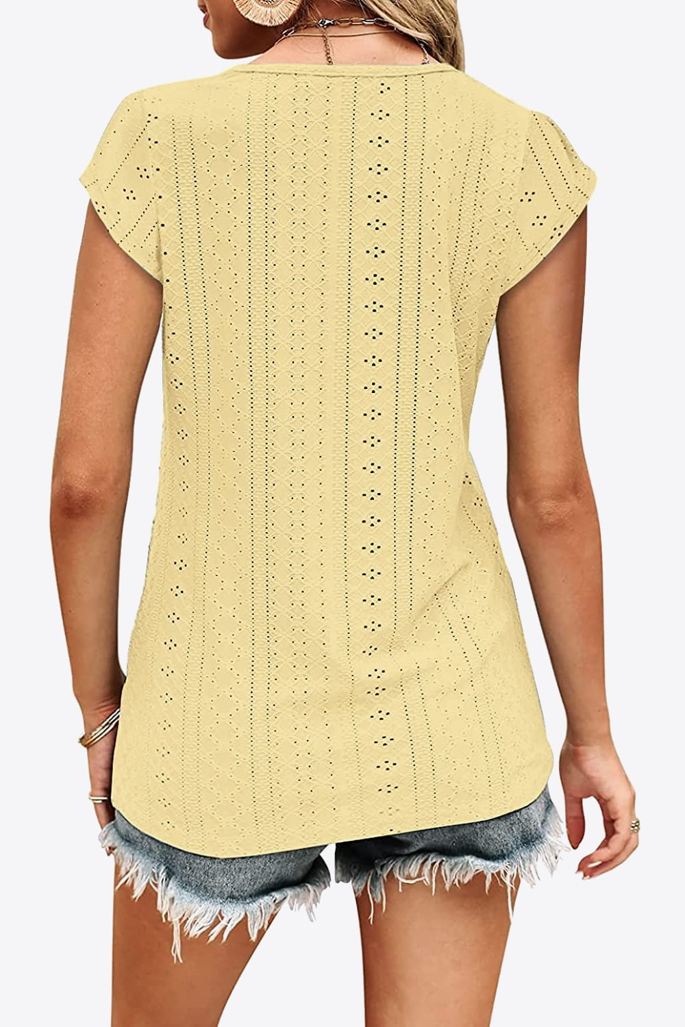 Eyelet Contrast V-Neck Tee-Angel Casuals