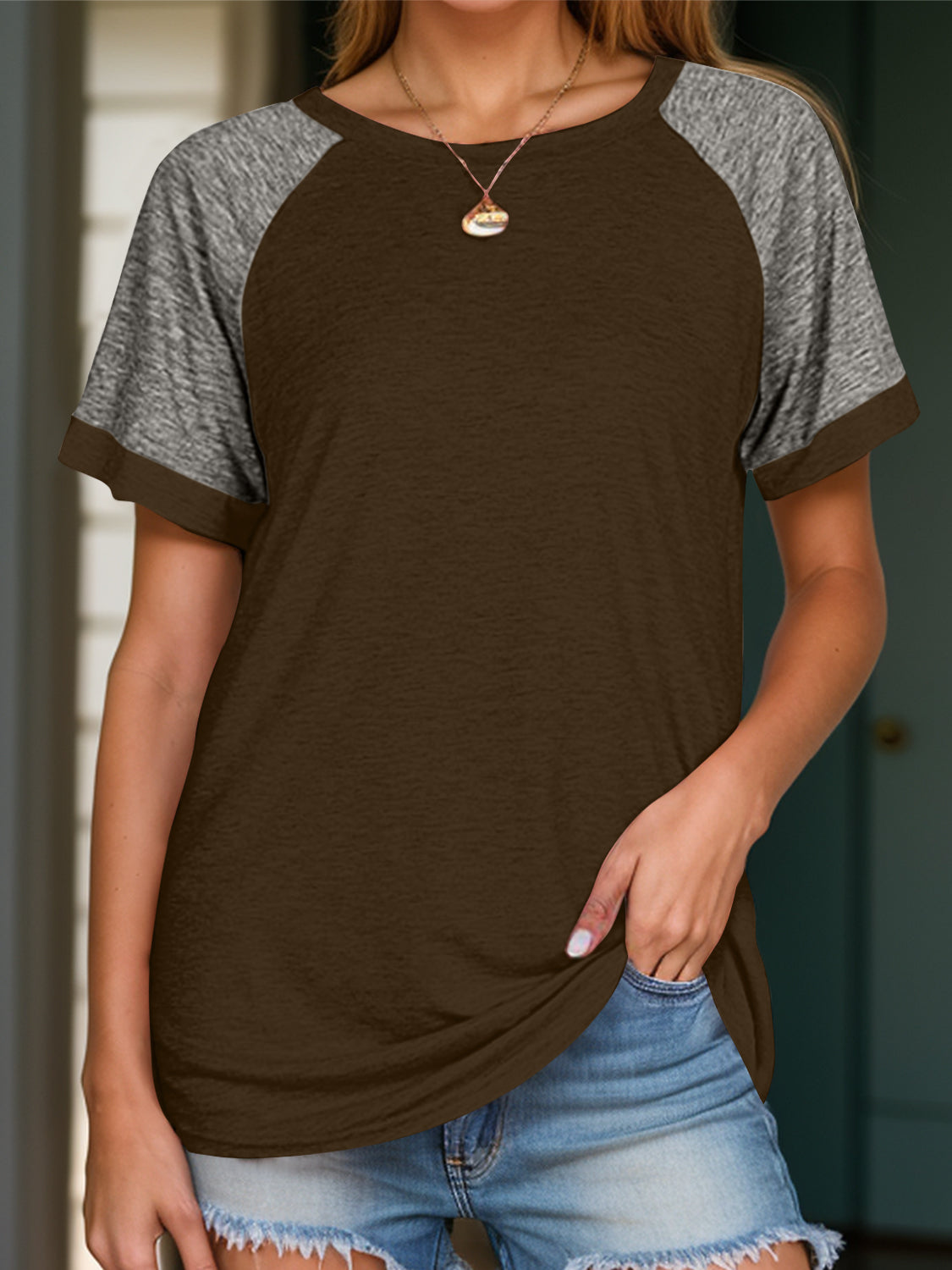 Full Size Contrast Round Neck Short Sleeve T-Shirt-Angel Casuals