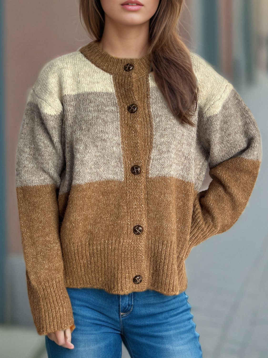 Color Block Round Neck Button Up Cardigan-Angel Casuals