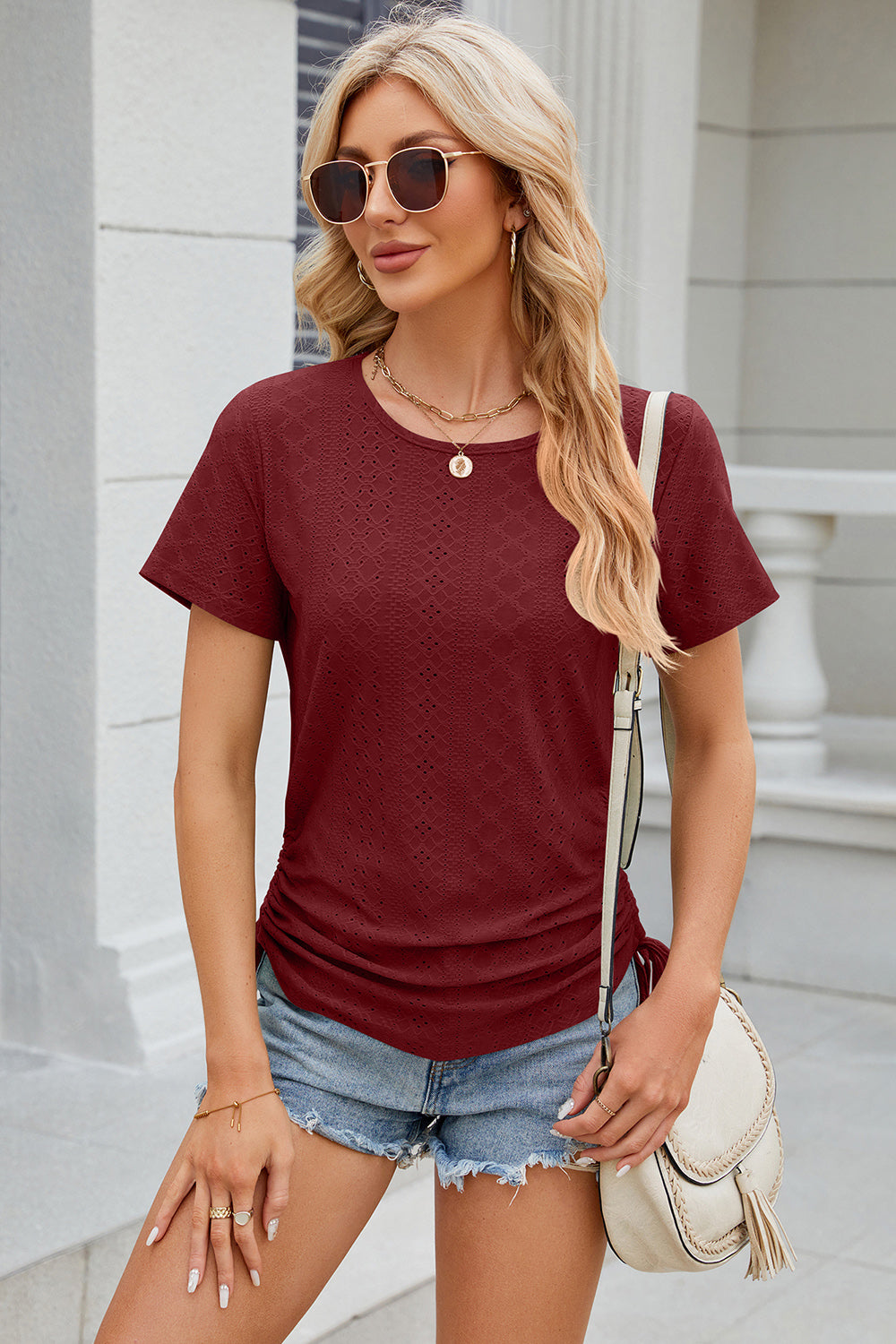 Eyelet Round Neck Short Sleeve T-Shirt-Angel Casuals