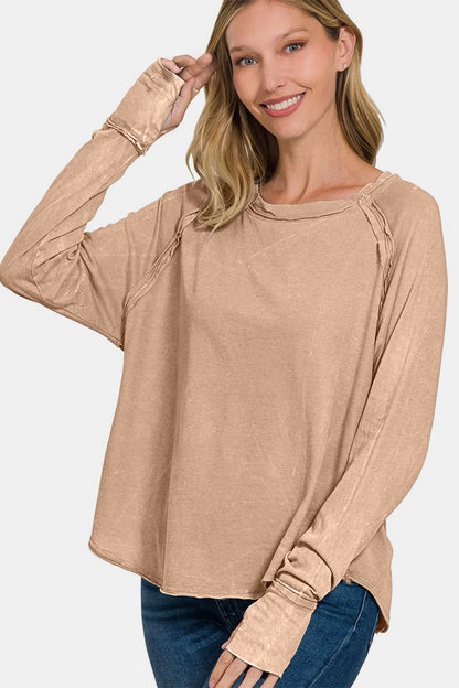 Zenana Round Neck Thumbhole Long Sleeve T-Shirt-Angel Casuals