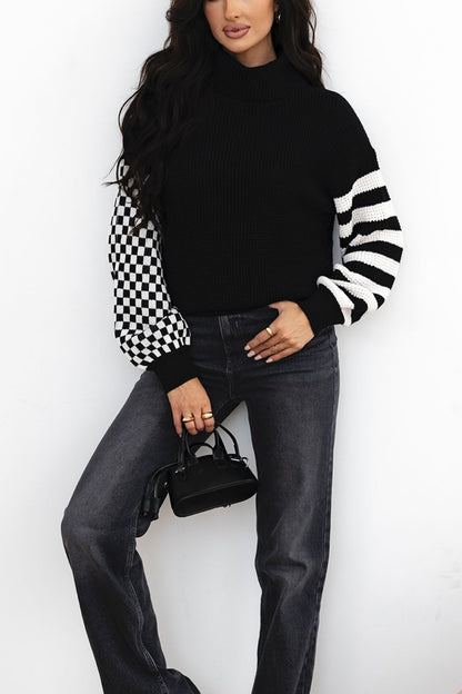 Striped & Checkered Turtleneck Dropped Shoulder Sweater-Angel Casuals