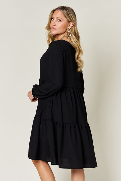 Double Take Full Size V-Neck Balloon Sleeve Tiered Dress-Angel Casuals