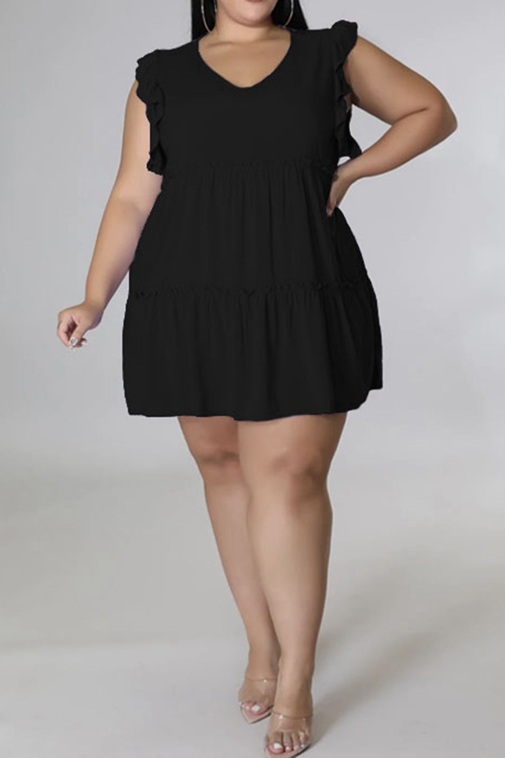 Plus Size V-Neck Frill Trim Mini Dress-Angel Casuals