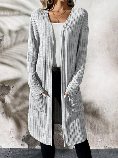 Ribbed Open Front Long Sleeve Cardigan with Pockets-Angel Casuals