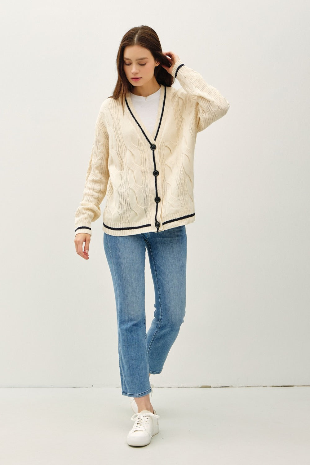 Be Cool Contrast Trim Cable-Knit V-Neck Cardigan-Angel Casuals