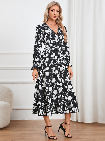 Floral Surplice Flounce Sleeve Ruffle Hem Dress-Angel Casuals