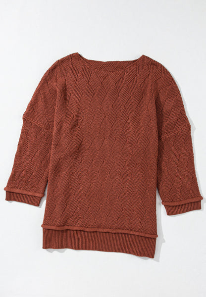 Diamond Round Neck Dropped Shoulder Sweater-Angel Casuals