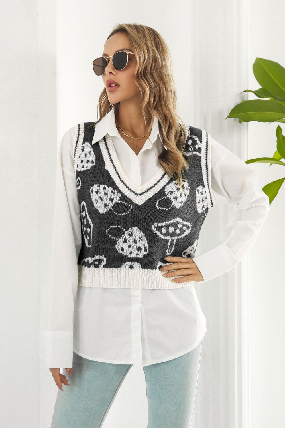 Printed Plunge Neck Sweater Vest-Angel Casuals