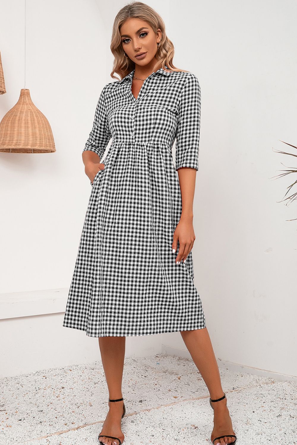 Plaid Collared Neck Midi Dress-Angel Casuals