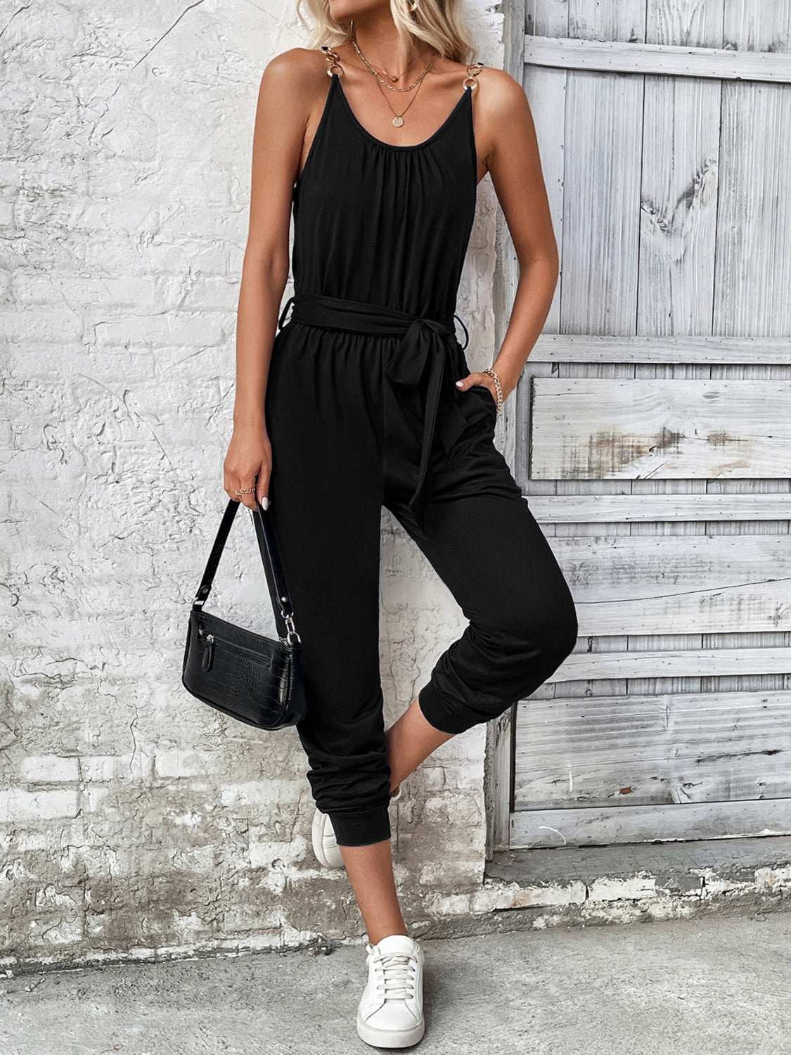 Scoop Neck Tie Waist Jumpsuit-Angel Casuals