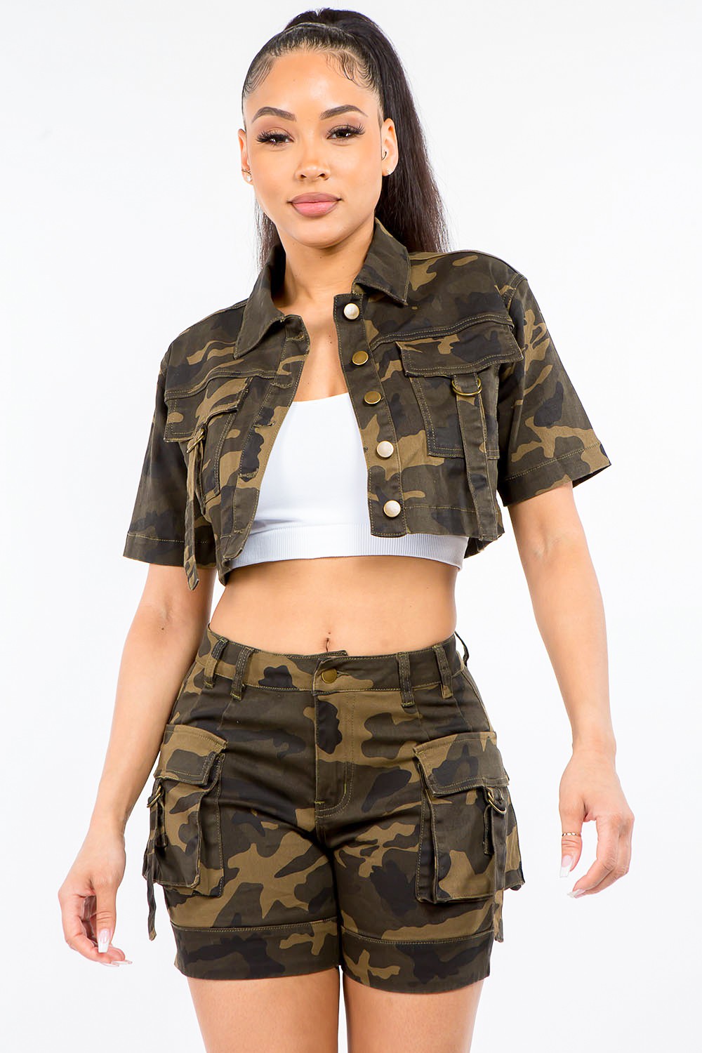 American Bazi Full Size Camouflage Short Sleeve Cropped Jacket-Angel Casuals