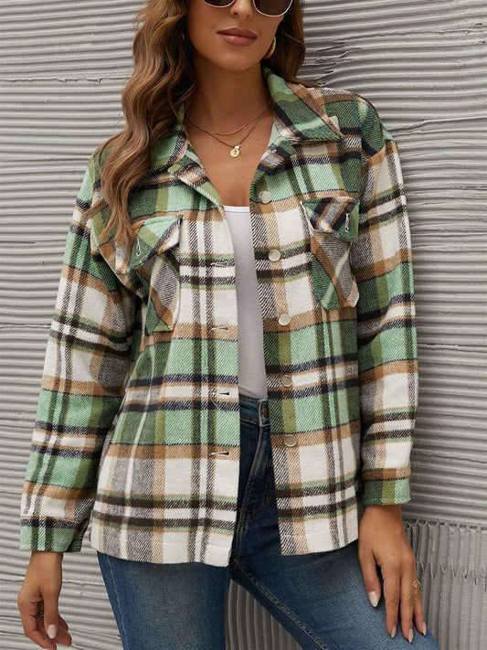 Plaid Collared Neck Long Sleeve Jacket-Angel Casuals