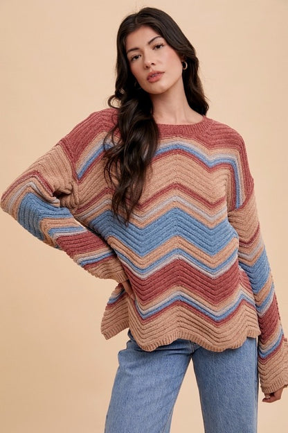 Annie Wear Multi Color Zig-Zag Round Neck Sweater-Angel Casuals