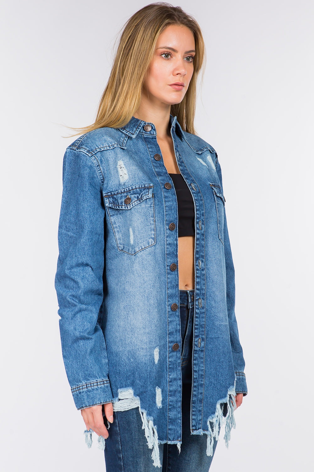 American Bazi Distressed Frayed Hem Denim Jacket-Angel Casuals