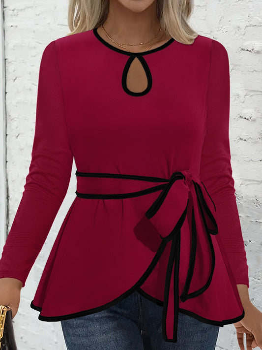 Tied Round Neck Long Sleeve T-Shirt-Angel Casuals