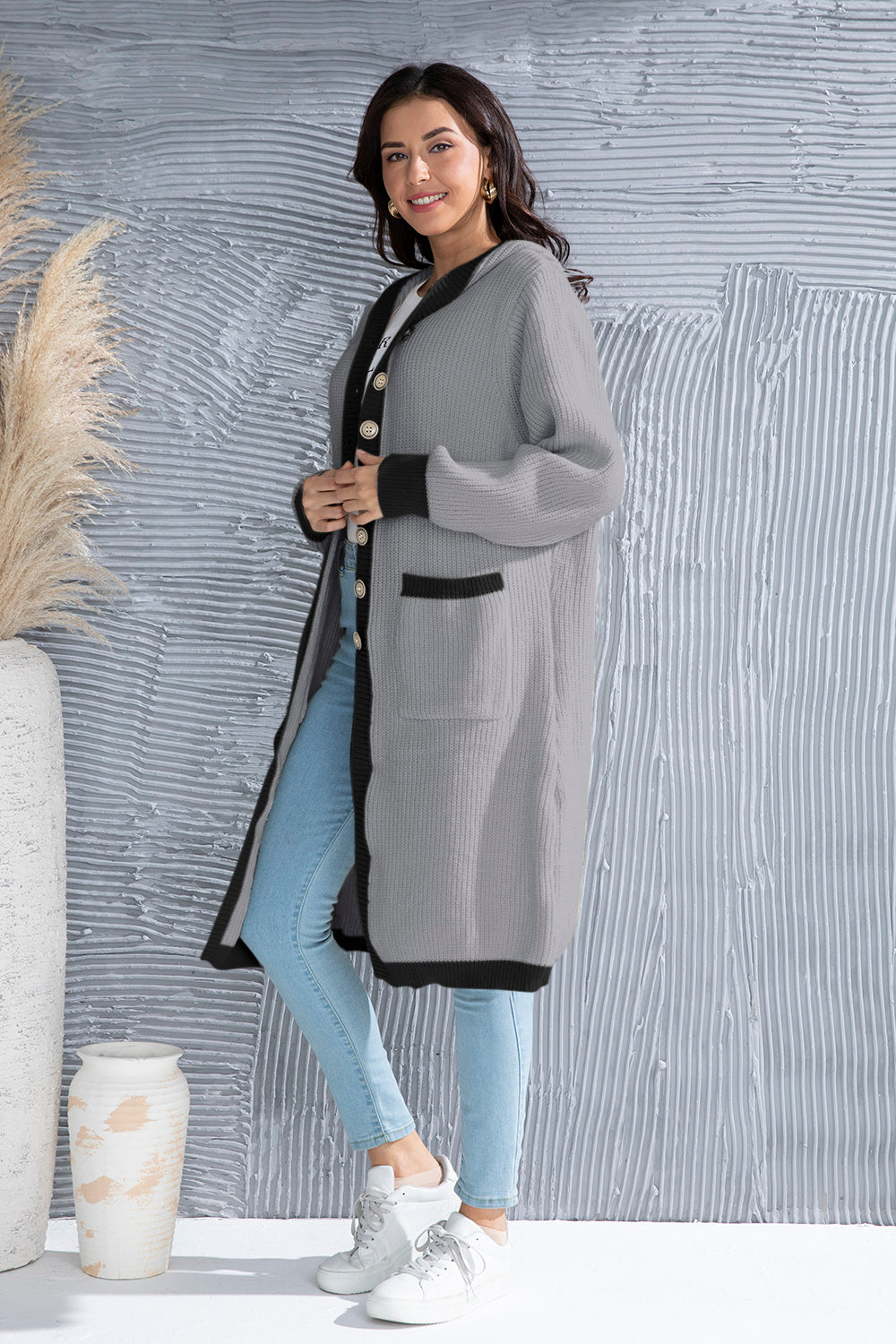 Button Up Contrast Trim Hooded Cardigan-Angel Casuals