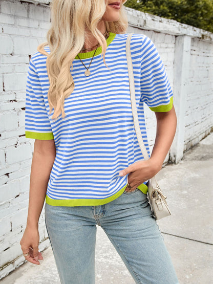 Lovelet Striped Contrast Round Neck Half Sleeve Knit Top-Angel Casuals