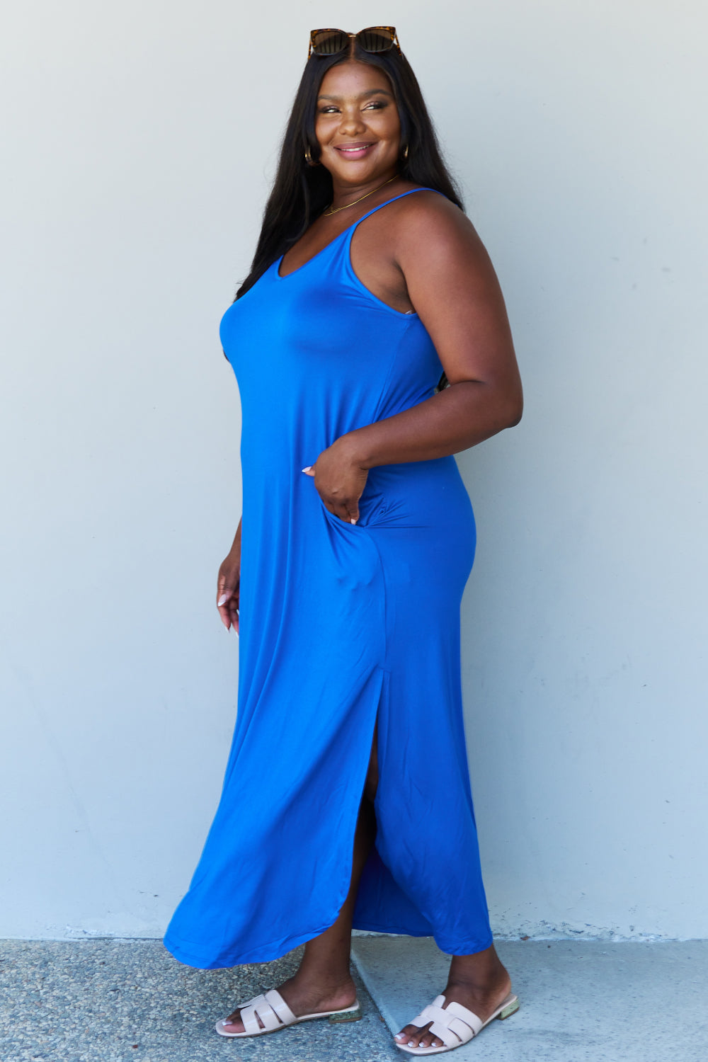 Ninexis Good Energy Full Size Cami Side Slit Maxi Dress in Royal Blue-Angel Casuals