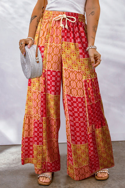 Bohemian Patchwork Drawstring Wide Leg Pants-Angel Casuals