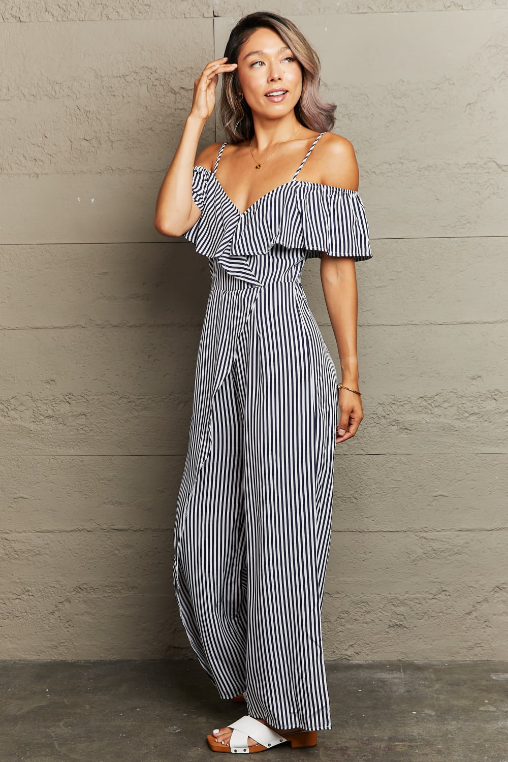 Striped Spaghetti Strap Cold-Shoulder Jumpsuit-Angel Casuals