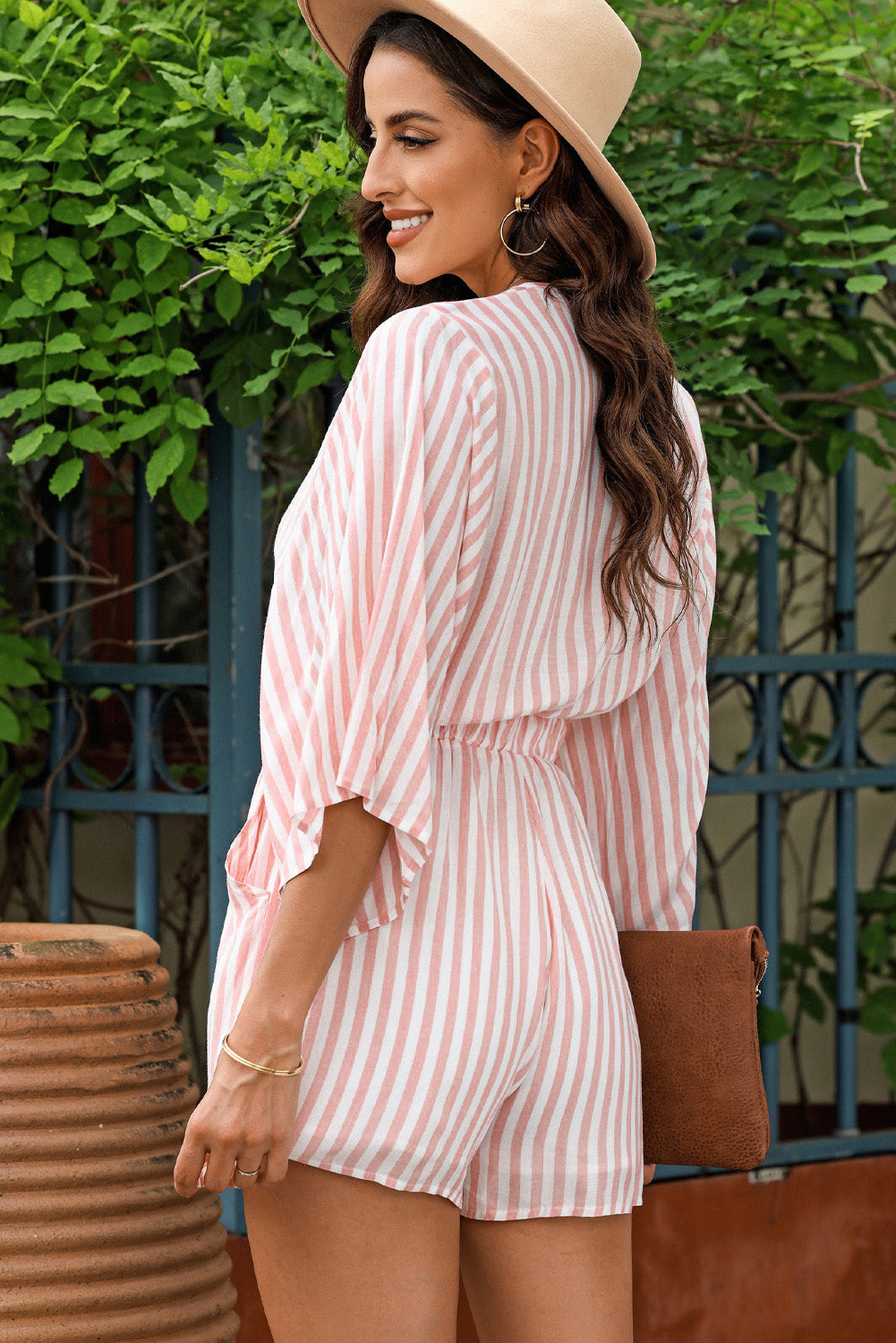 Striped Tie Front Three-Quarter Sleeve Romper-Angel Casuals