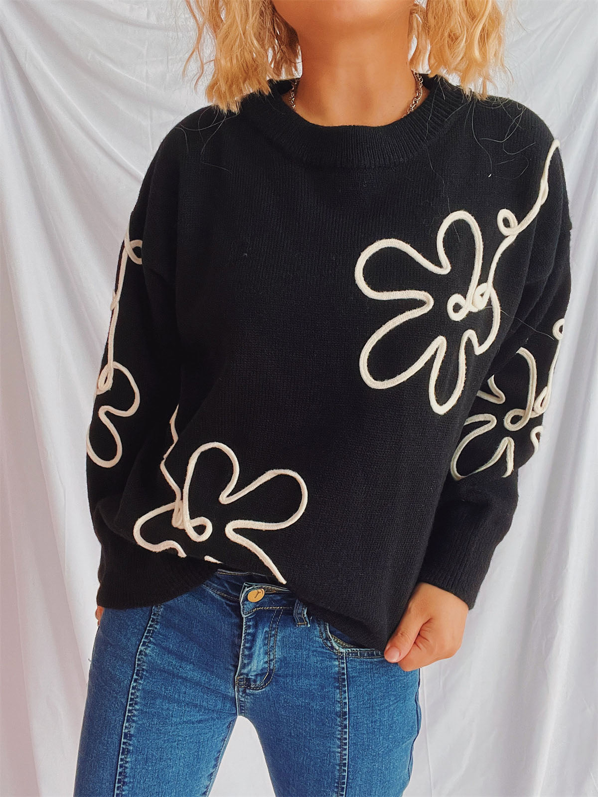 Flower Round Neck Long Sleeve Sweater-Angel Casuals