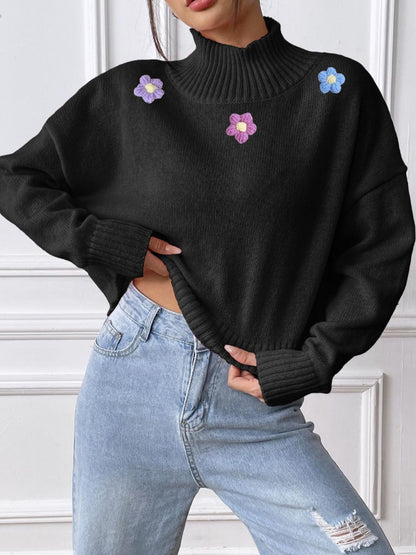 Flower Turtleneck Long Sleeve Sweater-Angel Casuals