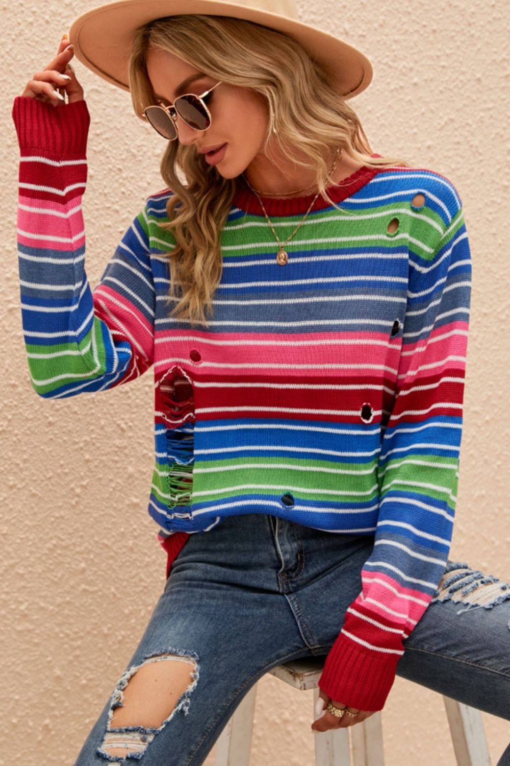 Striped Distressed Cutout Round Neck Sweater-Angel Casuals