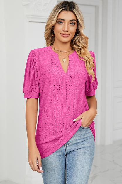 Eyelet Notched Short Sleeve T-Shirt-Angel Casuals