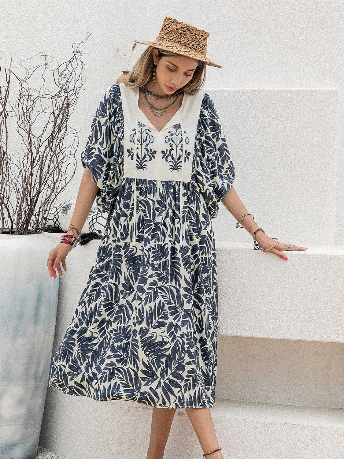 Printed Tie Neck Midi Dress-Angel Casuals