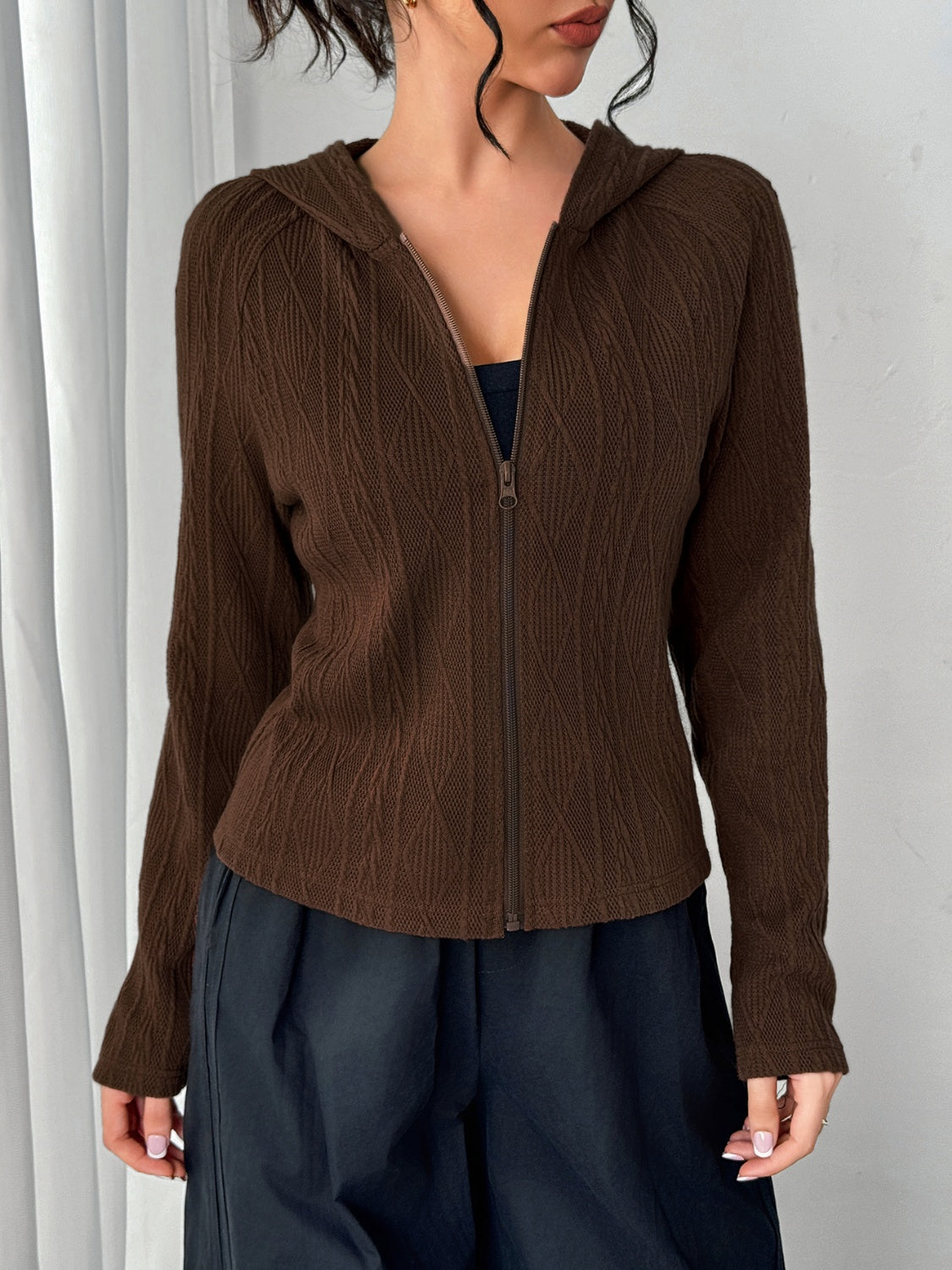 Texture Zip Up Long Sleeve Hooded Outerwear-Angel Casuals