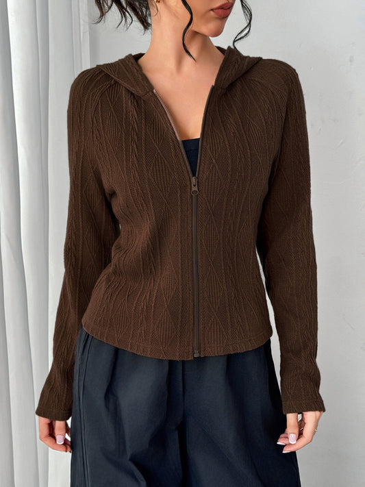 Texture Zip Up Long Sleeve Hooded Outerwear-Angel Casuals