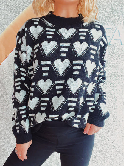 Heart Contrast Long Sleeve Dropped Shoulder Sweater-Angel Casuals