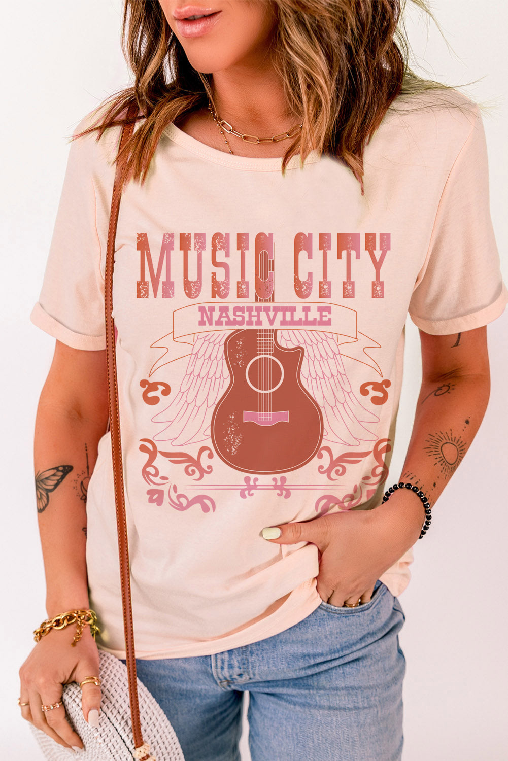 MUSIC CITY Cuffed Short Sleeve Tee-Angel Casuals