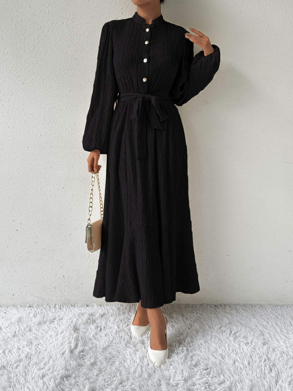 Tie Waist Long Sleeve Dress-Angel Casuals