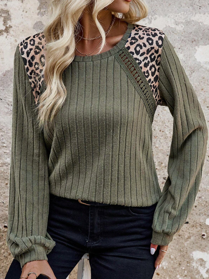 Leopard Round Neck Long Sleeve T-Shirt-Angel Casuals